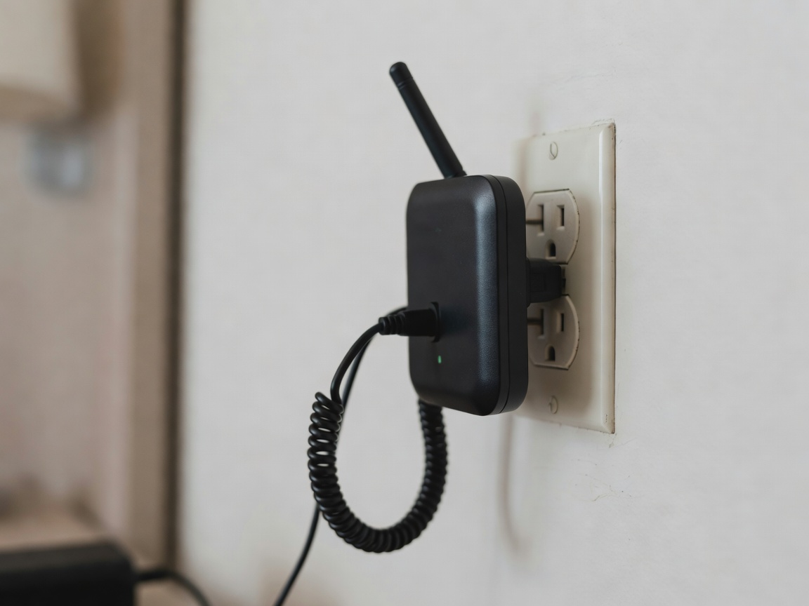 A compact travel router plugged into a hotel room power outlet