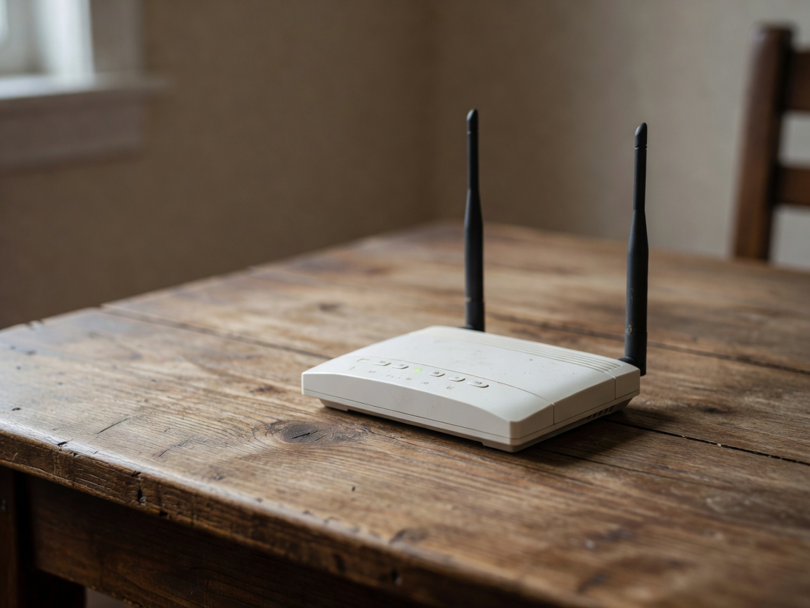 A modest two-antenna router sitting on a wooden table