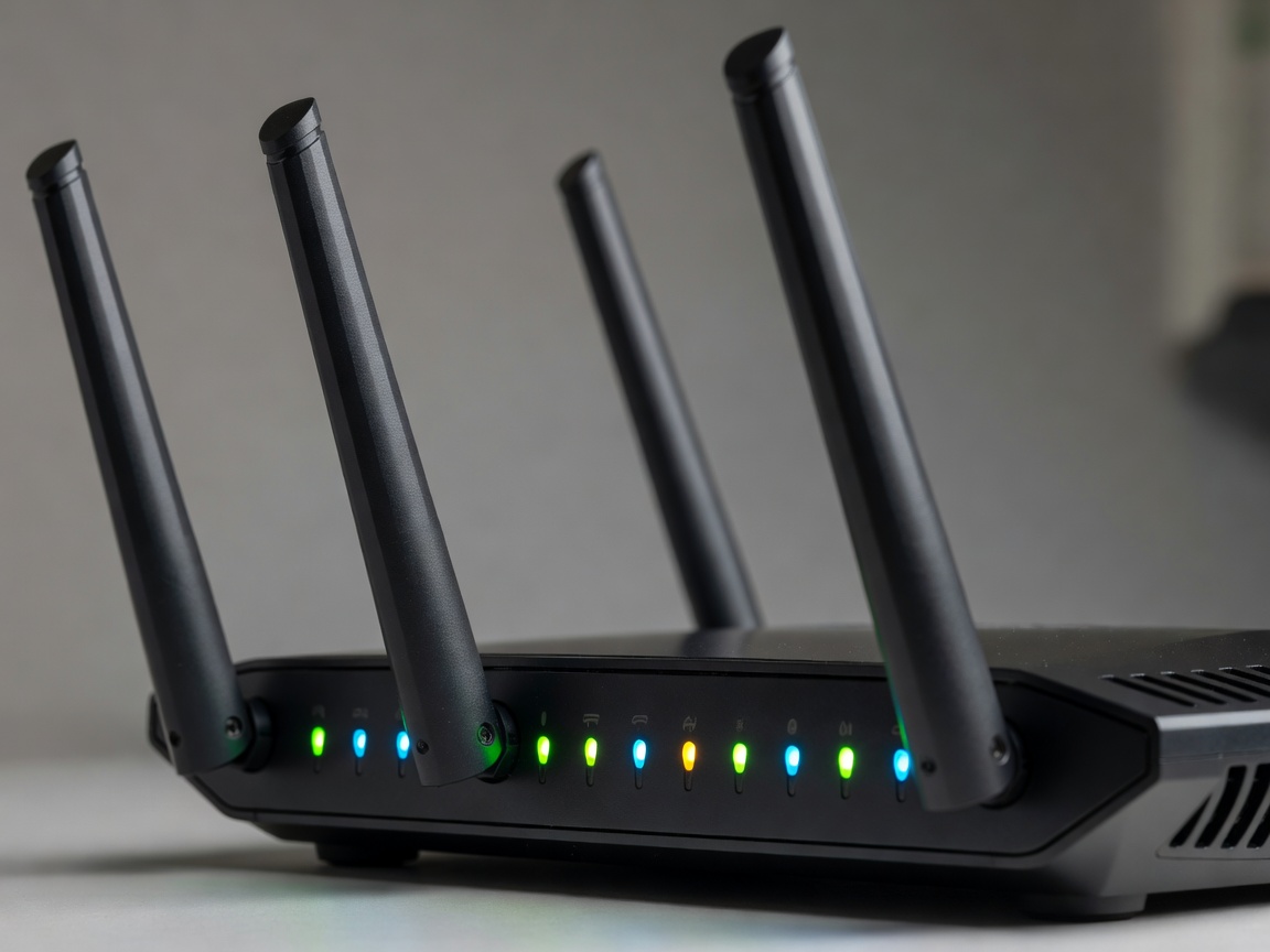 Close up of router antennas and indicator lights
