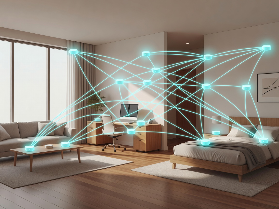 Illustration of a mesh network covering multiple rooms
