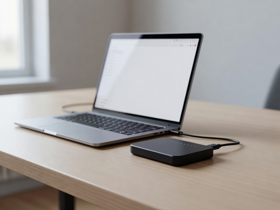Small portable router on a desk next to a laptop